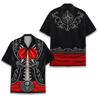 Detail view of the red bow tie and skull belt buckle on the shirt