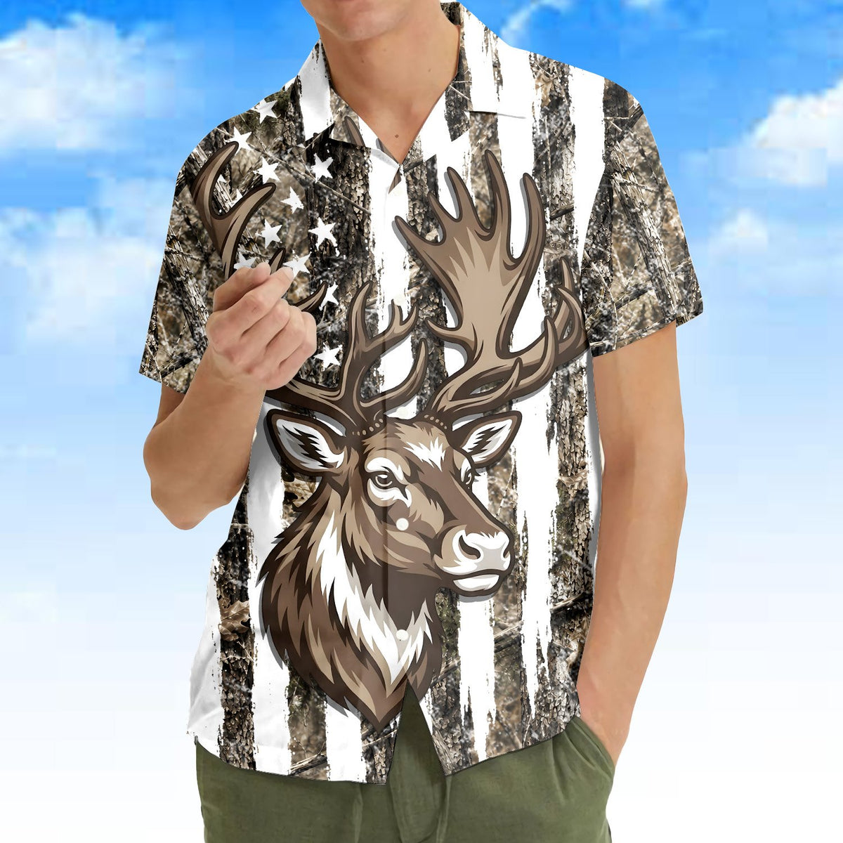 Close up front view of the patriotic hawaiian shirt design