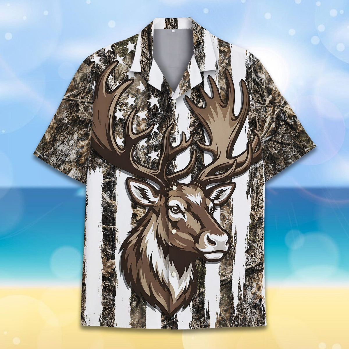 Detail front view of the deer head graphic on the hawaiian shirt