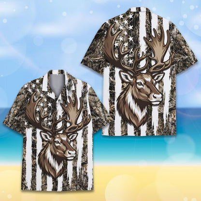 Front view of the camo hawaiian shirt with white stripes and stars