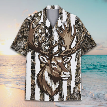 Second lifestyle view of the camo hawaiian shirt outdoors