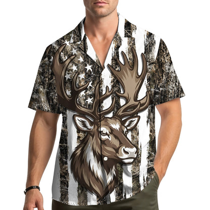 Lifestyle view of a person wearing the deer hunting patriotic hawaiian shirt