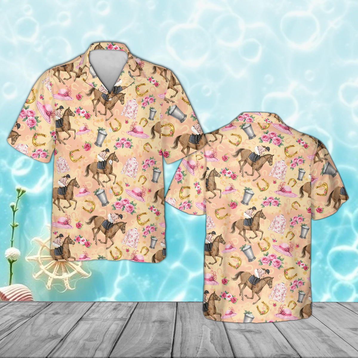 Pink derby hawaiian shirt with horses and roses pattern, beige background front view