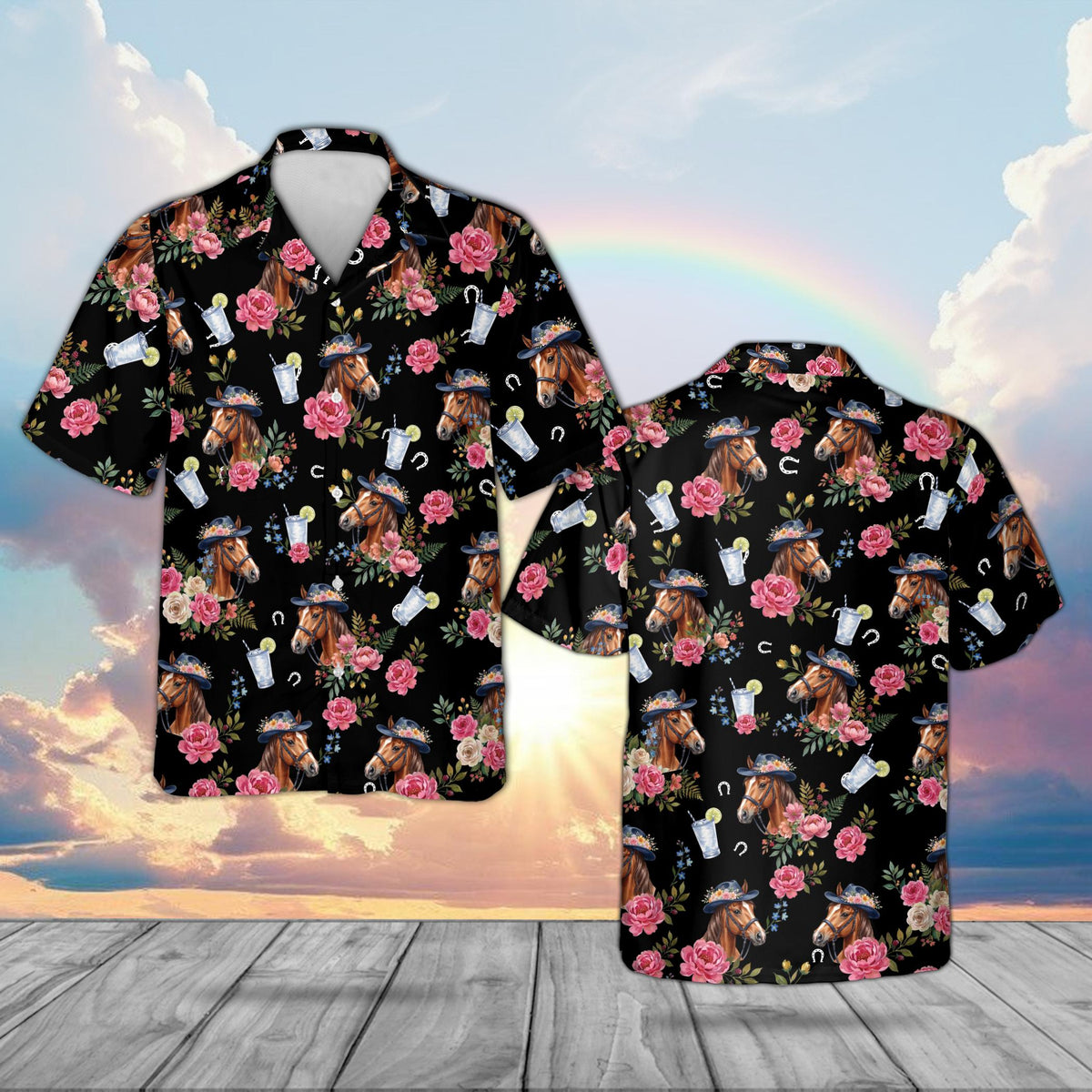Black matching family hawaiian shirt with horses and roses pattern, front view
