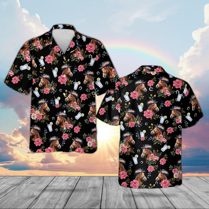 Black matching family hawaiian shirt with horses and roses pattern, front view