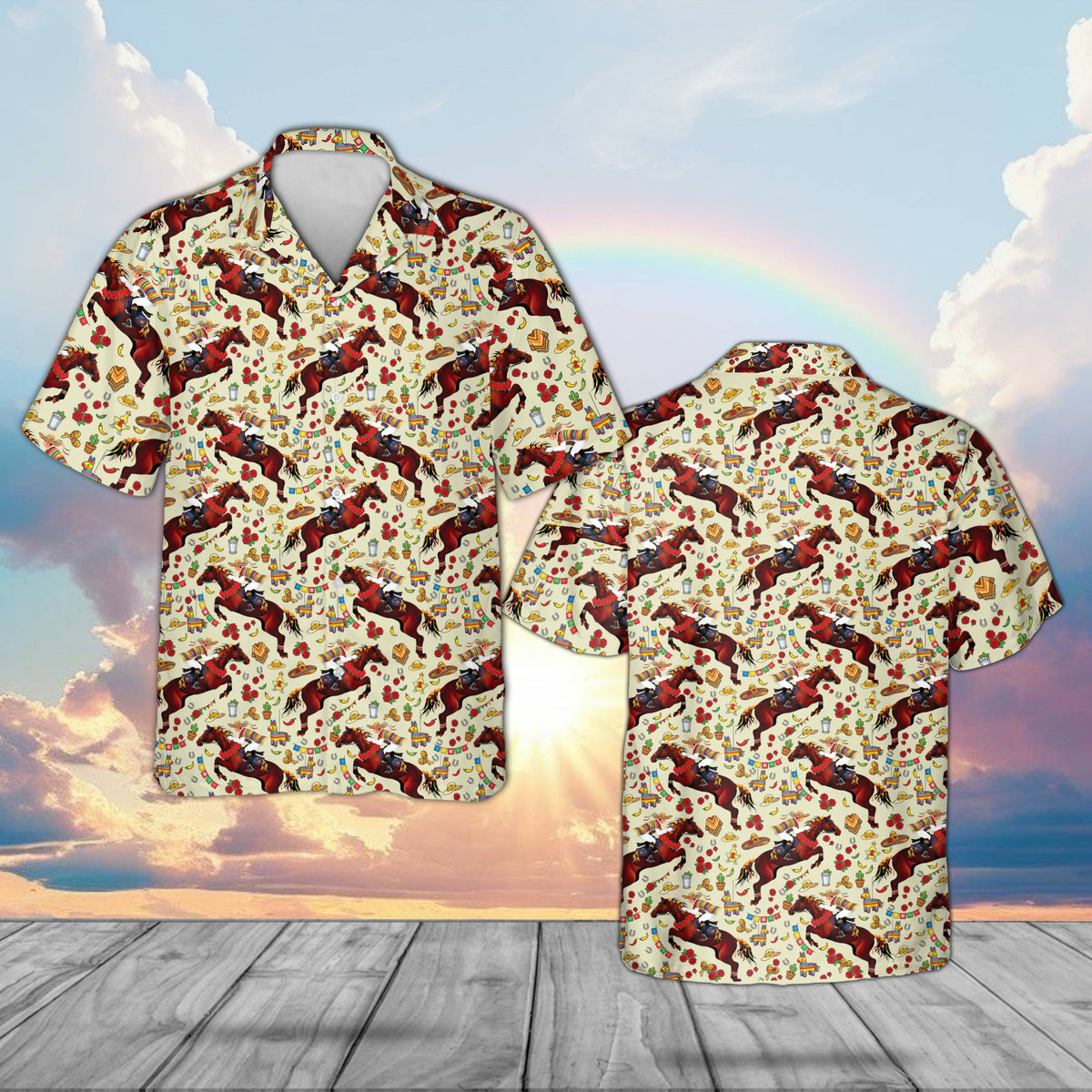 Beige derby de mayo hawaiian shirt, front view