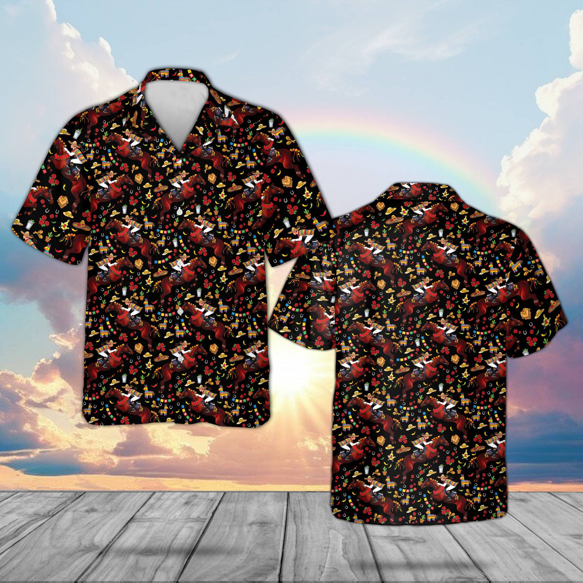 Derby de mayo hawaiian shirt in black featuring racehorses and sombreros, main view