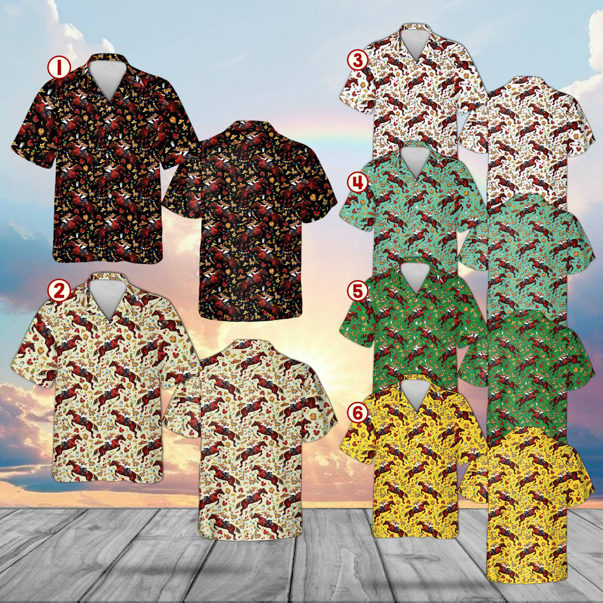 Derby de mayo hawaiian shirt with festive pattern, front view