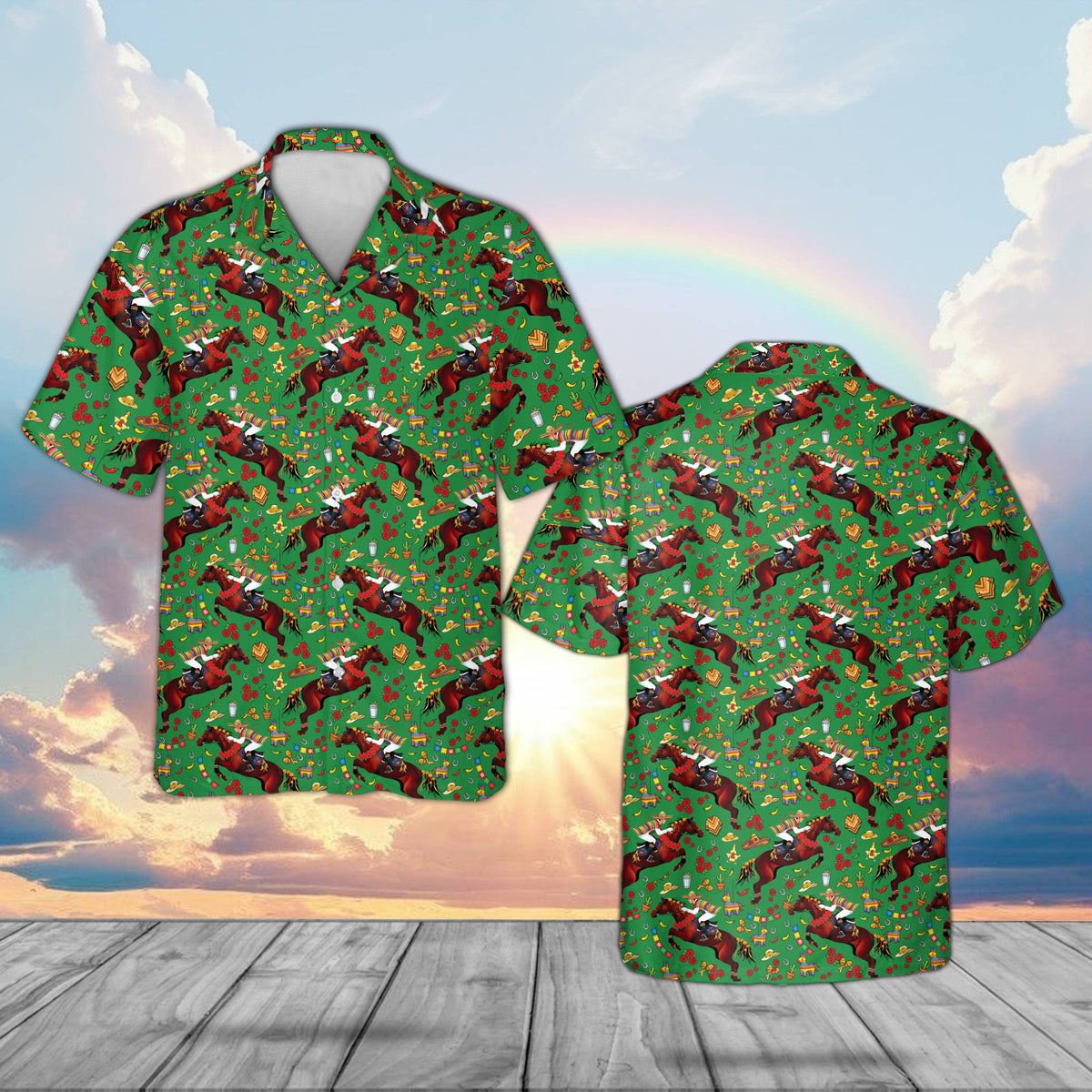 Green derby de mayo hawaiian shirt, front view