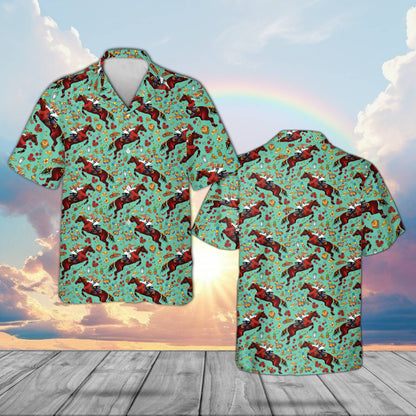 Teal derby de mayo hawaiian shirt, front view