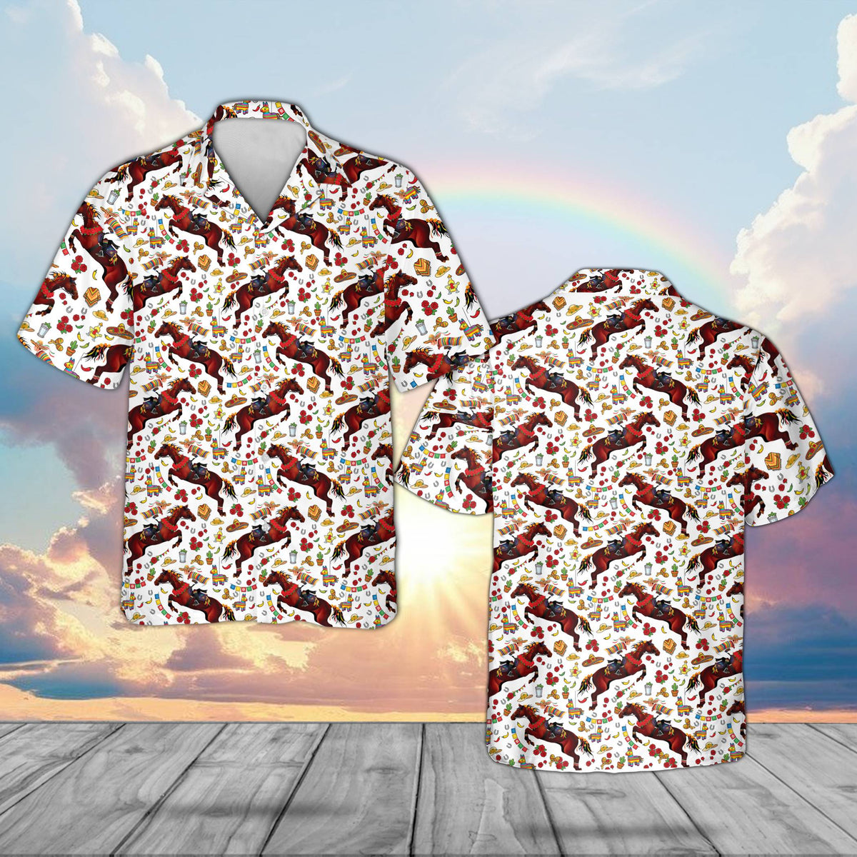 White derby de mayo hawaiian shirt, front view