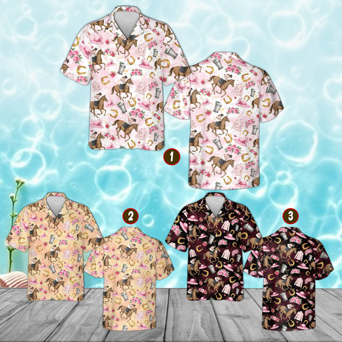 Pink derby hawaiian shirt with jockeys and mint juleps pattern, front view
