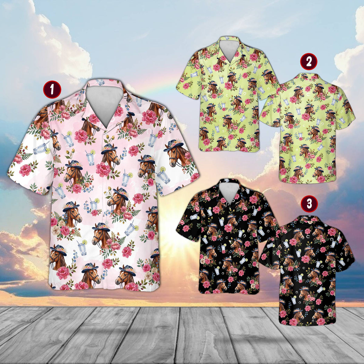 Floral hawaiian shirt featuring horses in hats and mint juleps, front view