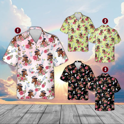 Floral hawaiian shirt featuring horses in hats and mint juleps, front view