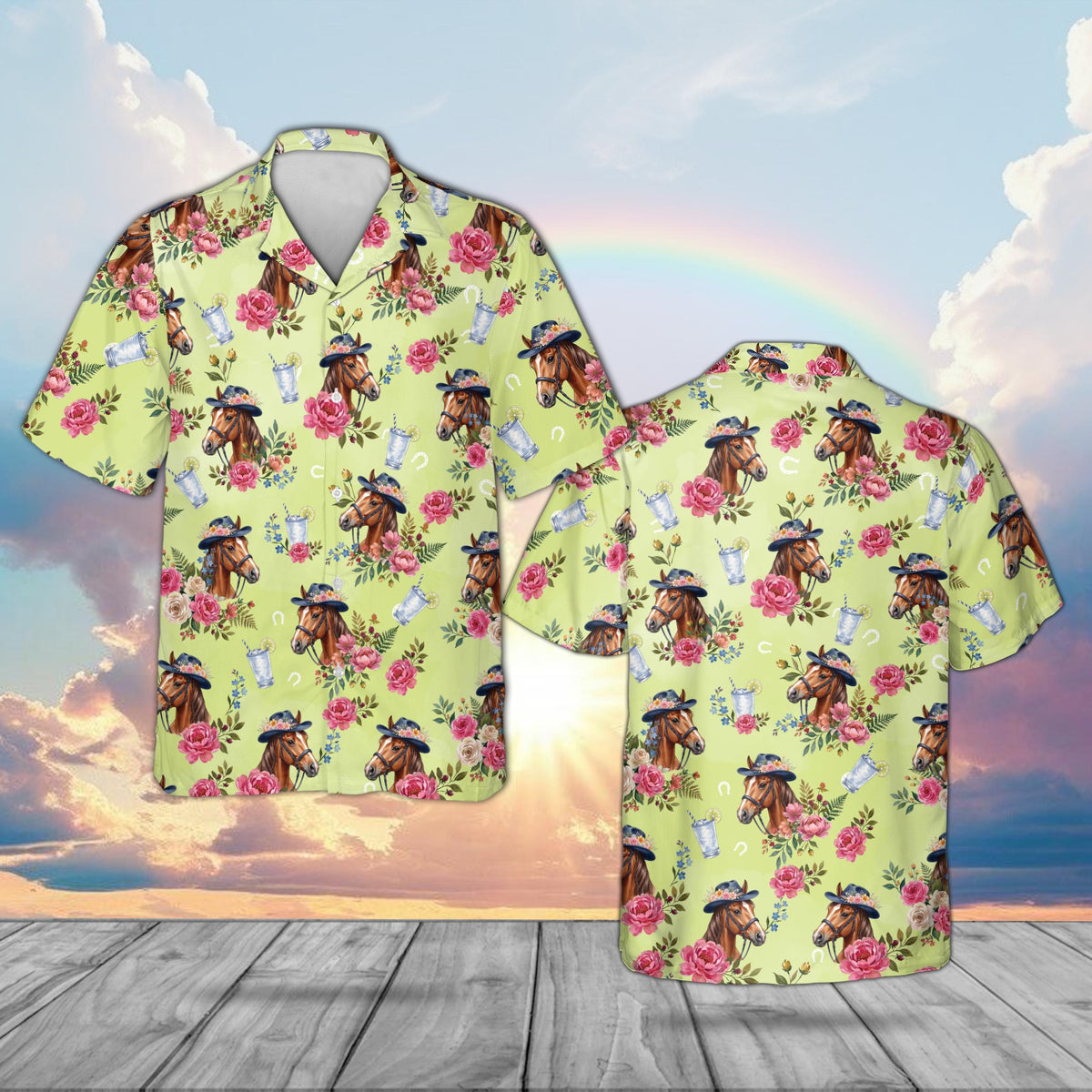 Green matching family hawaiian shirt with horses and roses pattern, front view