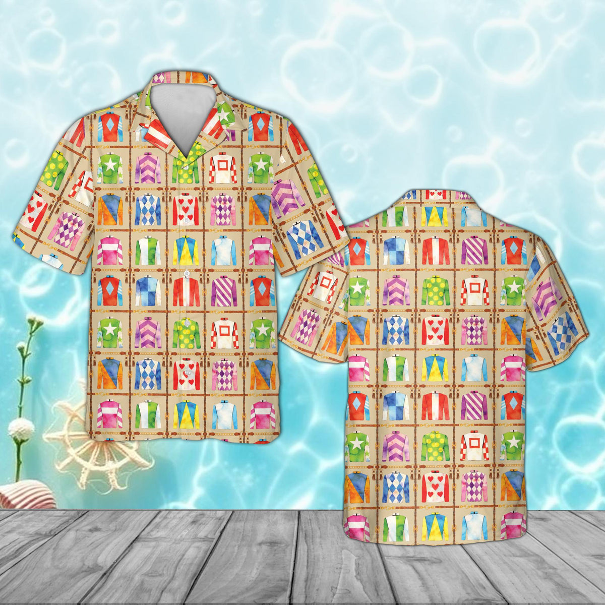 Beige derby hawaiian shirt with jockey silks grid pattern, front view