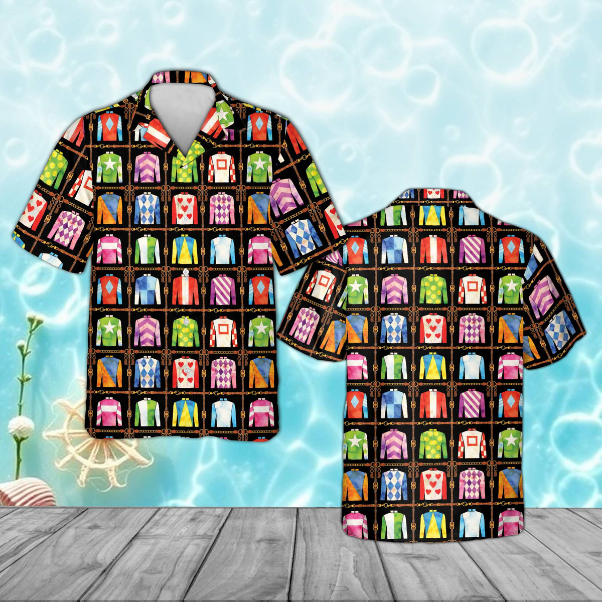 Black derby / horse racing hawaiian shirt featuring colorful jockey silks pattern, front view