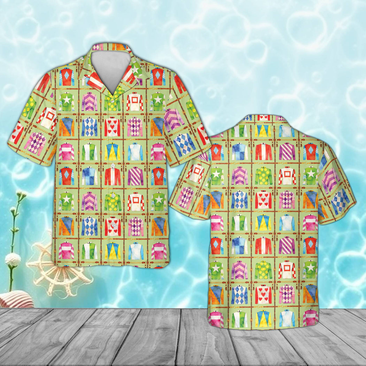 Green matching family hawaiian shirt showcasing a horse racing theme, front view