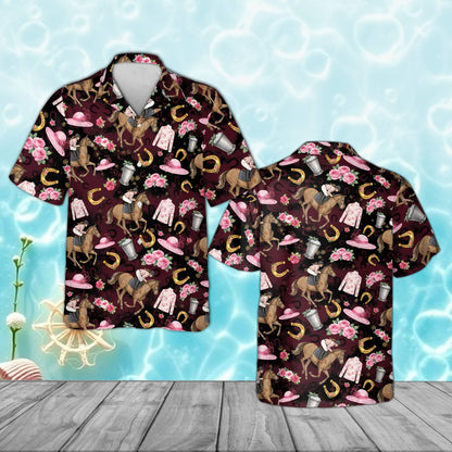 Pink derby hawaiian shirt with horse racing motifs, maroon background front view