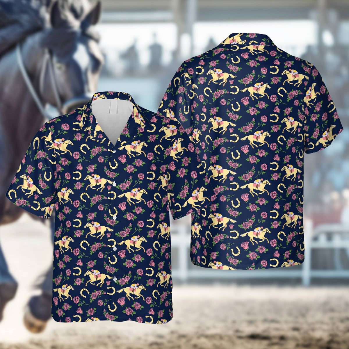Matching family hawaiian shirts with derby theme, navy front view