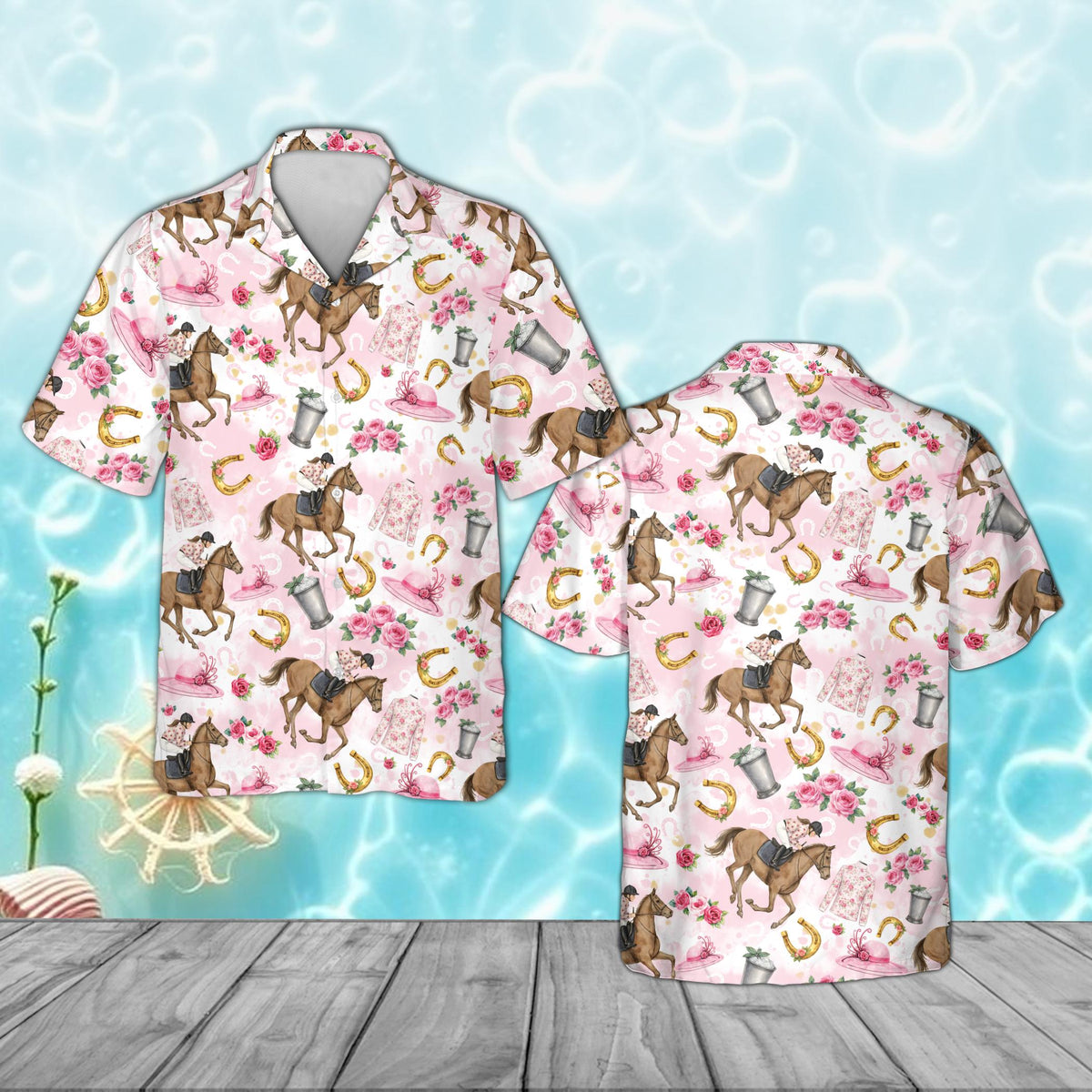 Pink derby hawaiian shirt featuring horse racing theme on a family, main view