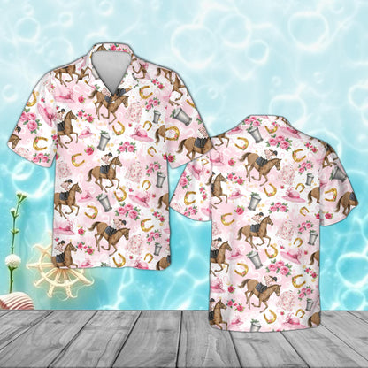 Pink derby hawaiian shirt featuring horse racing theme on a family, main view