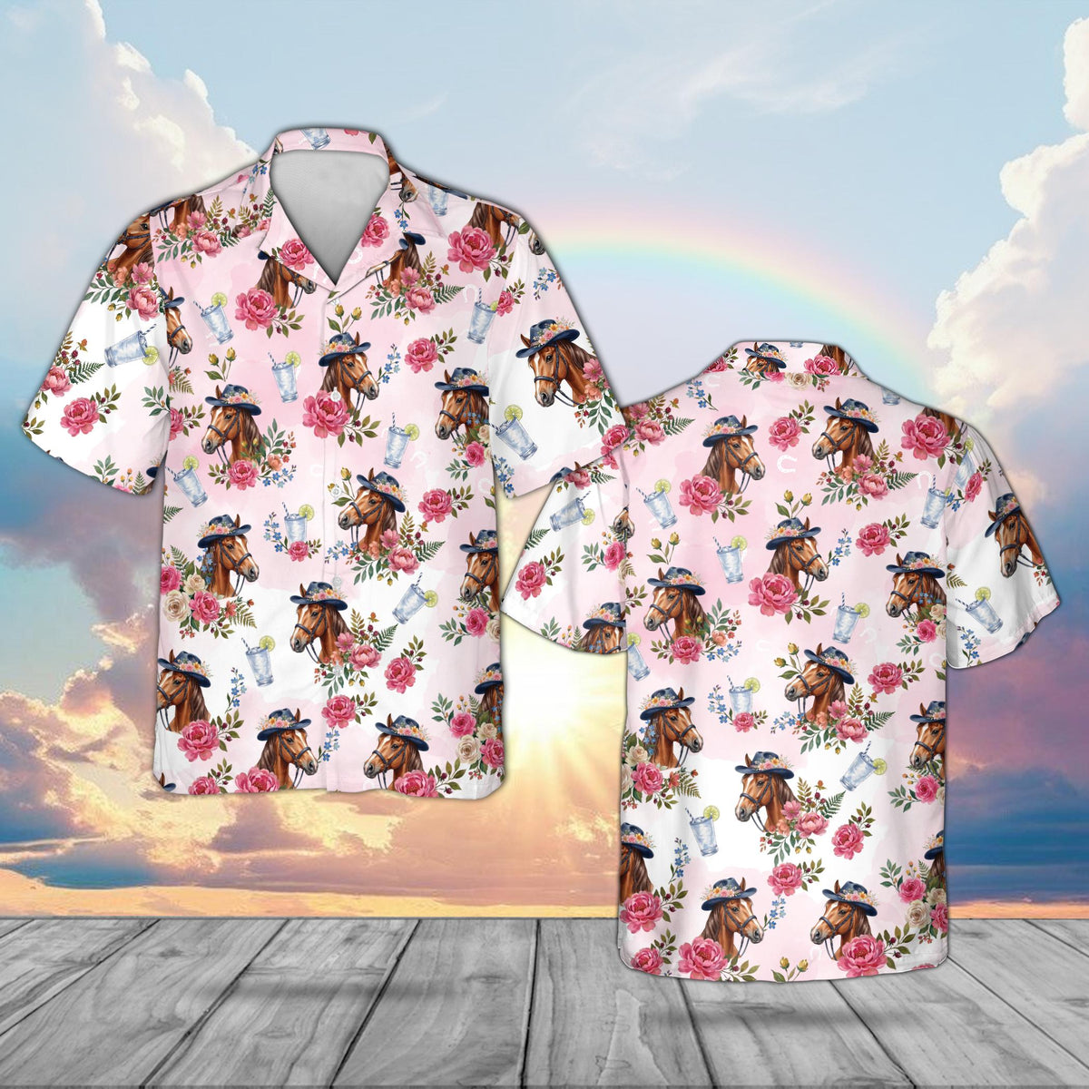 Pink derby hawaiian shirt with horses and roses for family matching outfits, main view