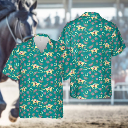 Matching family hawaiian shirts with derby theme, teal front view