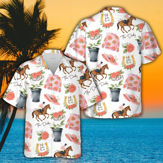 White derby hawaiian shirt featuring horses, jockeys, and pink roses