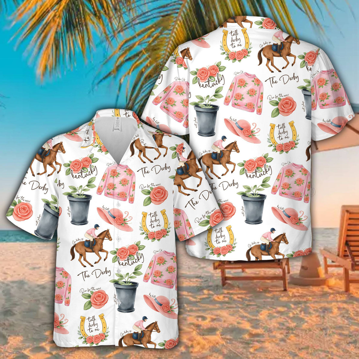 Close up of the festive derby hawaiian shirt print