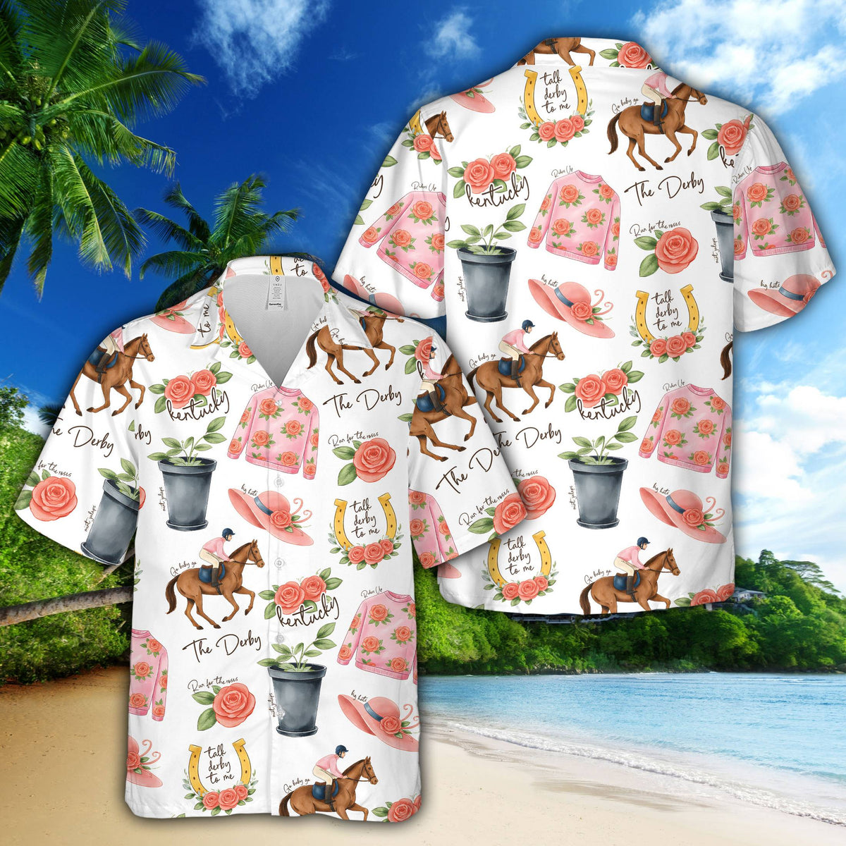 Detailed look at the pink roses and horses on the hawaiian shirt
