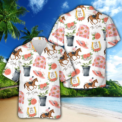 Detailed look at the pink roses and horses on the hawaiian shirt