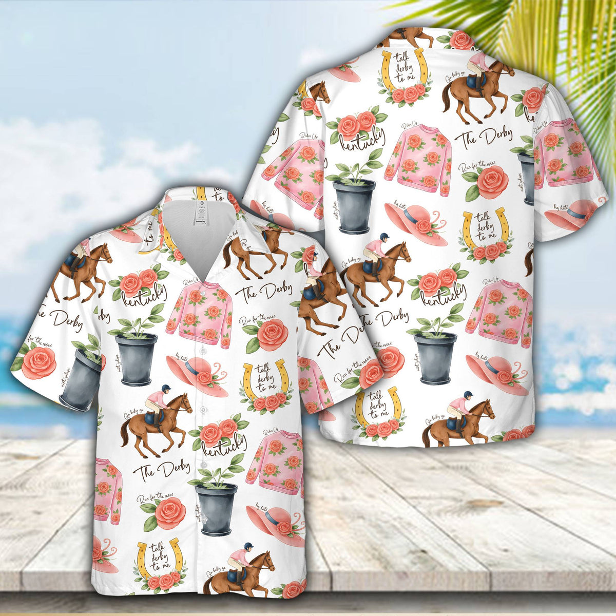 Another front view of the white derby themed button-down shirt