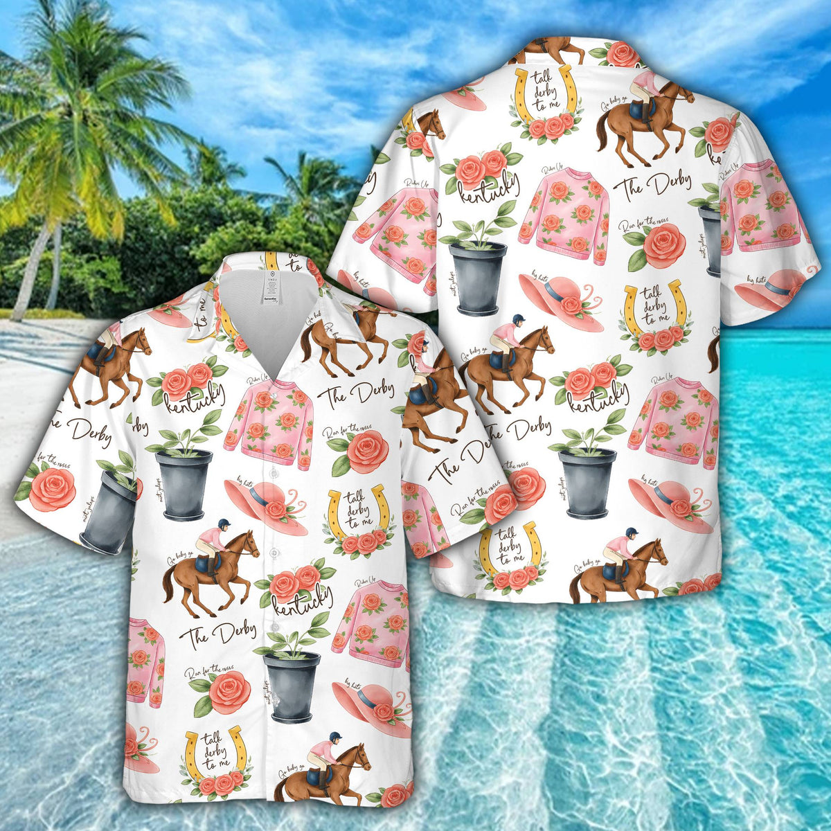 Lifestyle presentation of the white derby hawaiian shirt