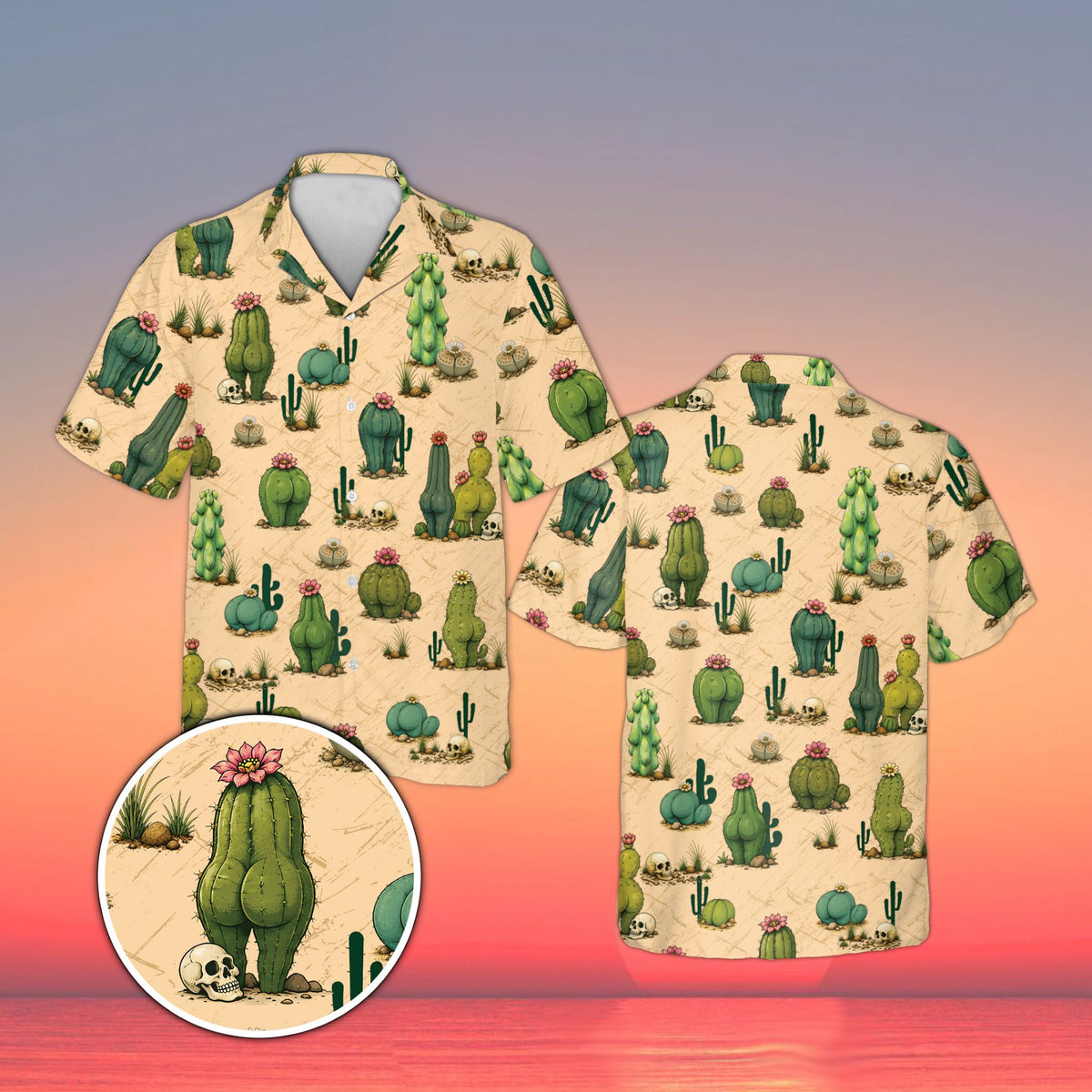 Beige desert humor hawaiian shirt featuring quirky cacti and skulls, front view