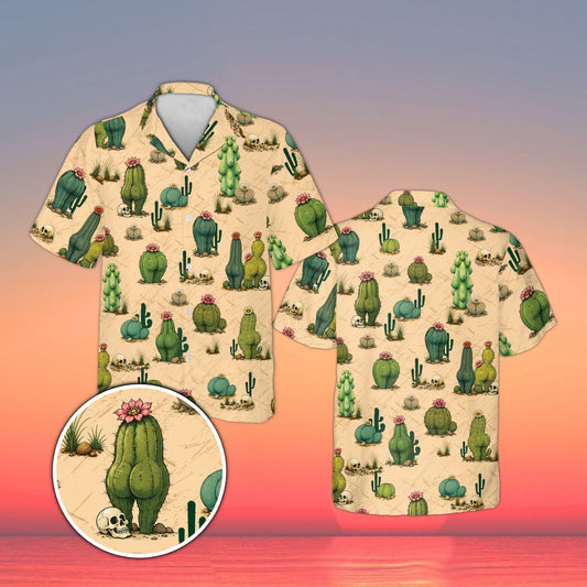 Beige desert humor hawaiian shirt featuring quirky cacti and skulls, front view