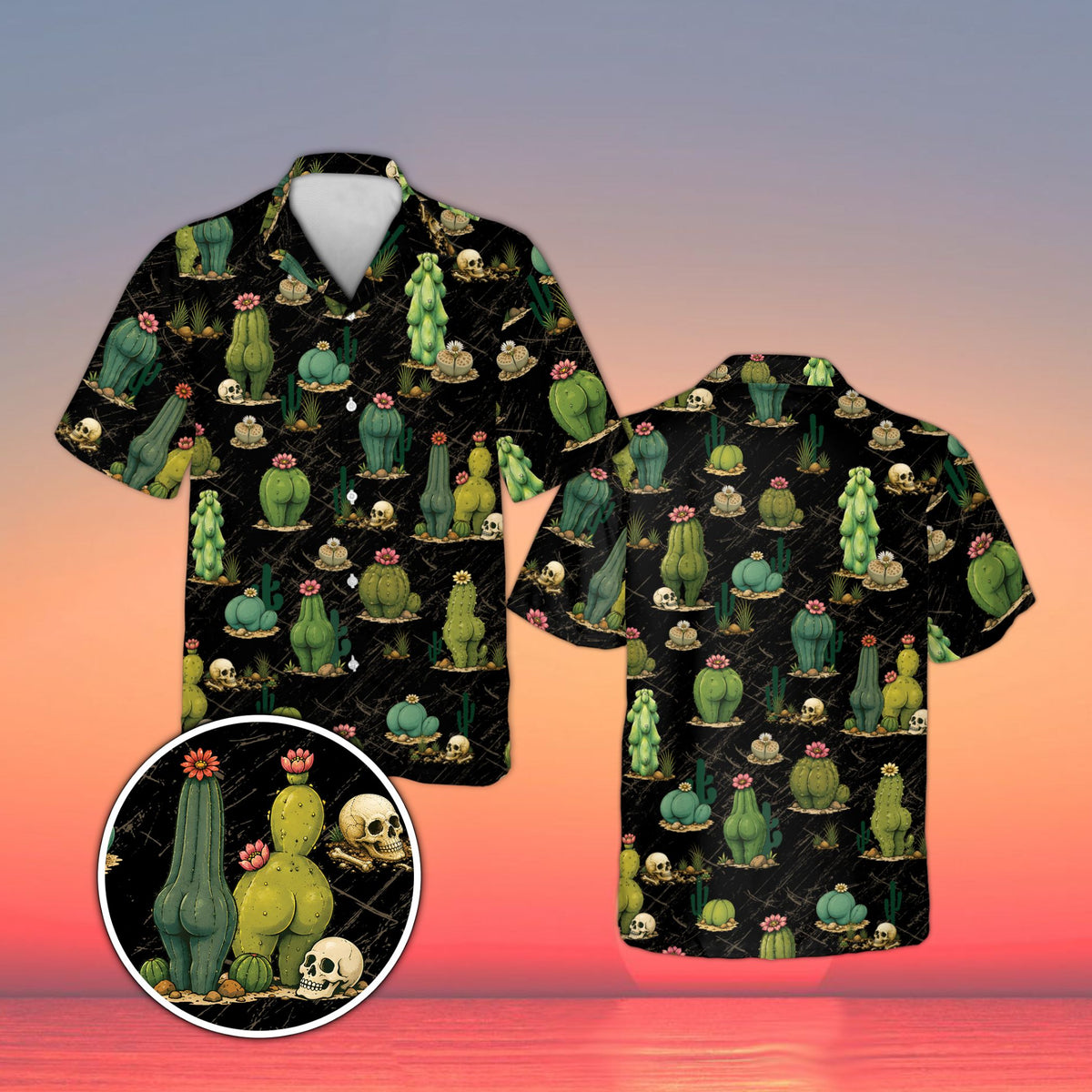 Black matching family hawaiian shirt featuring desert humor design, front view