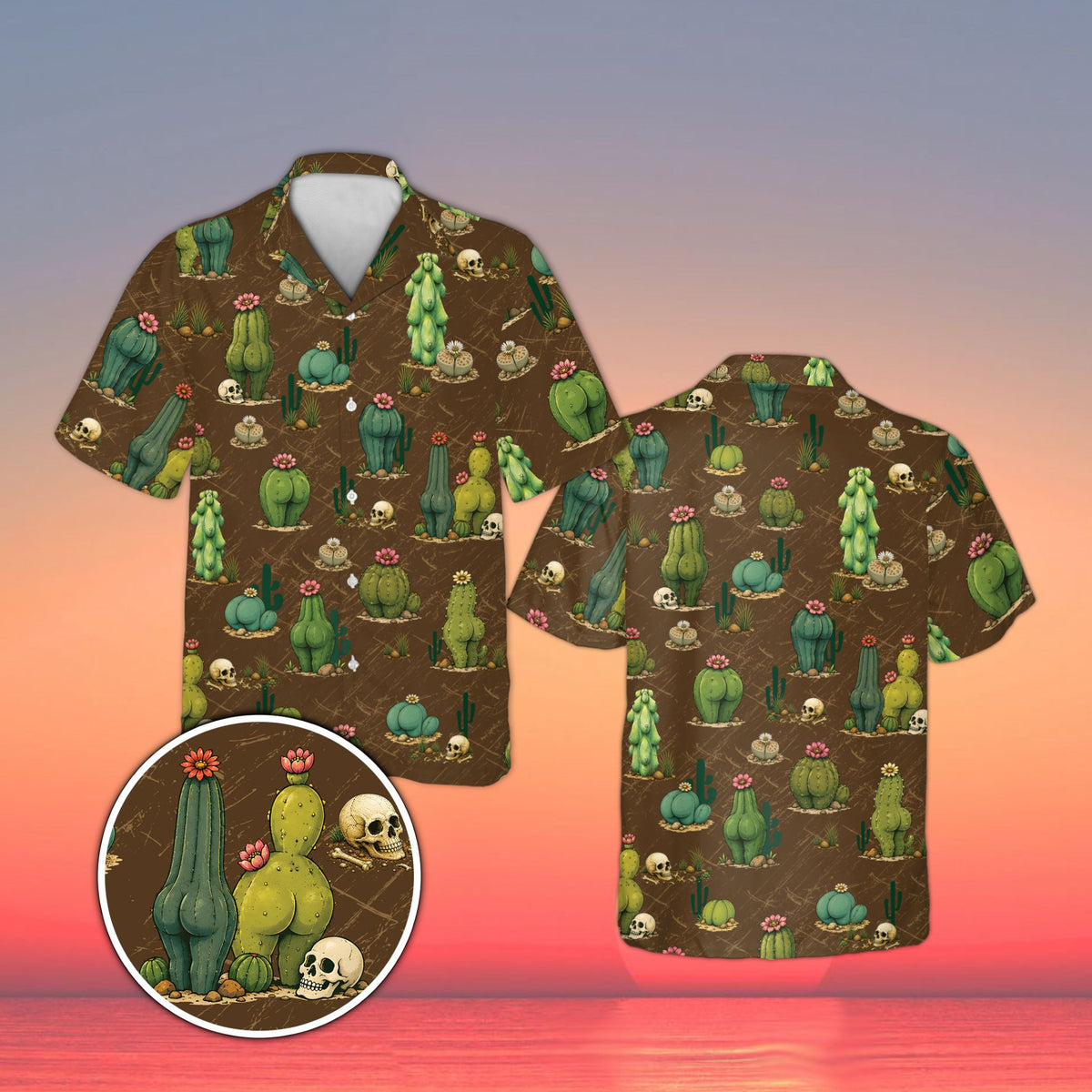 Brown matching family hawaiian shirt with cacti and skull design, front view