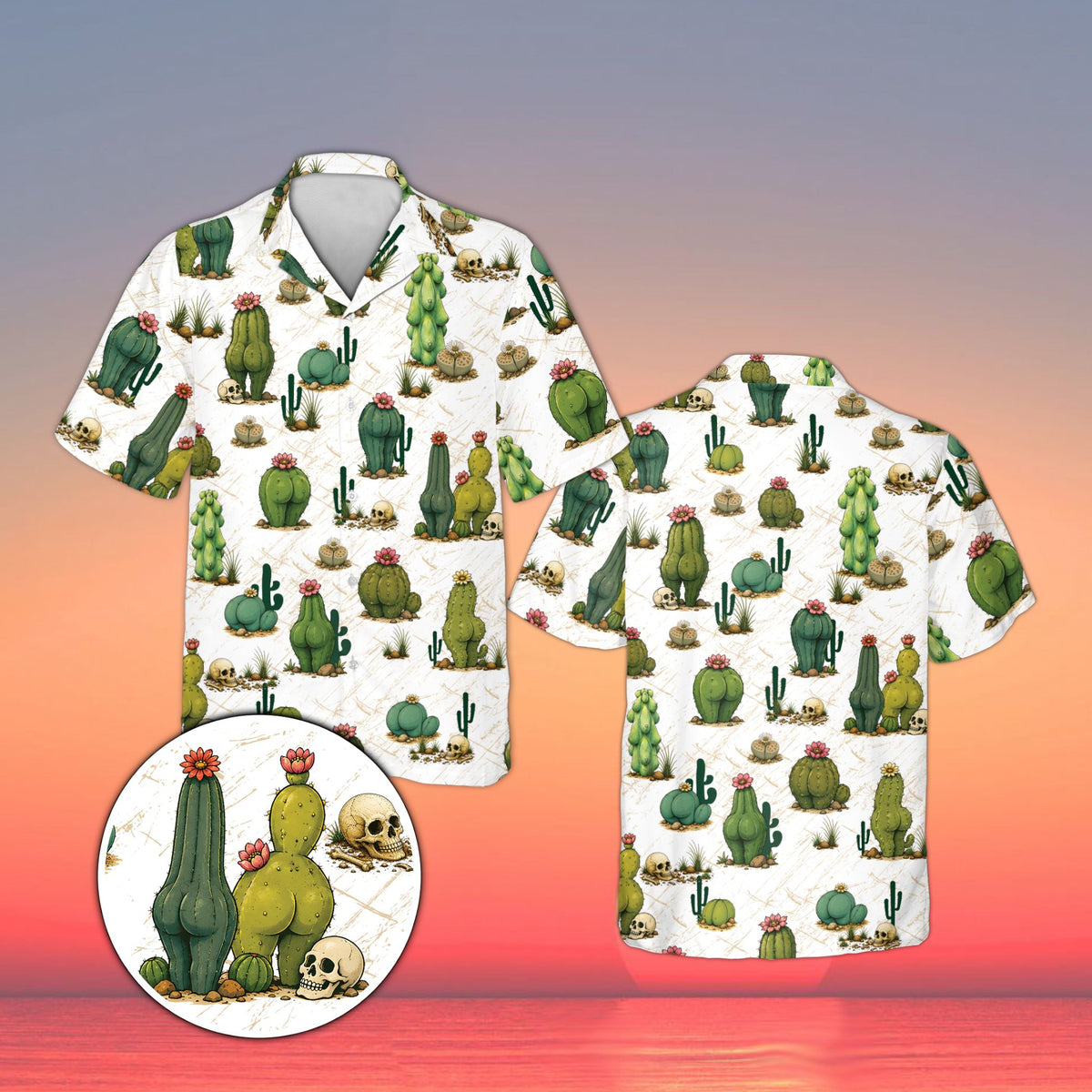 White desert hawaiian shirt with unique cactus print, front view