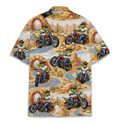 Back view of the desert motorcycle crocodile hawaiian shirt