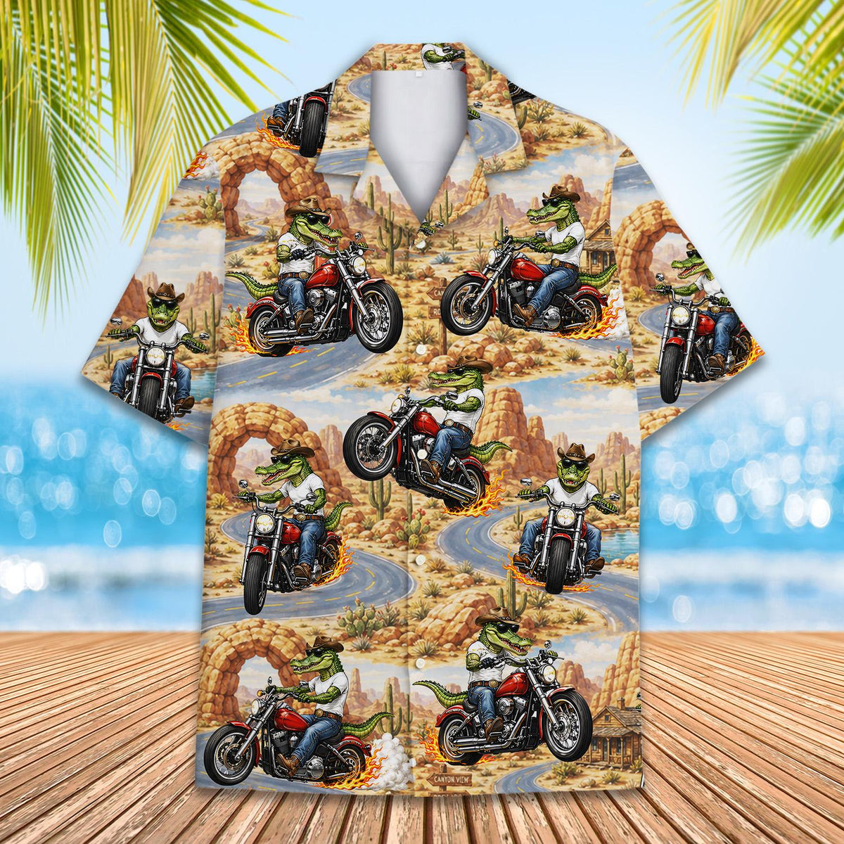Detail view of the desert landscape and crocodiles on the shirt