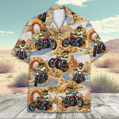 Desert motorcycle crocodile hawaiian shirt featuring a fun cartoon all-over print, front view