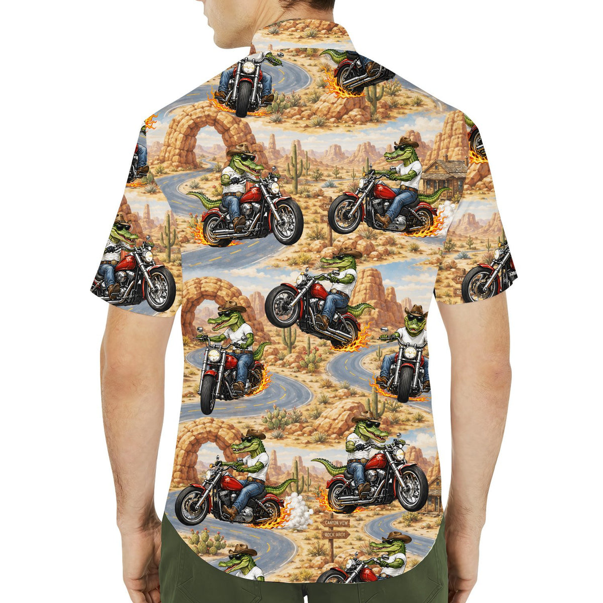 Second lifestyle view of the desert motorcycle crocodile hawaiian shirt being worn casually