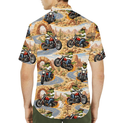 Second lifestyle view of the desert motorcycle crocodile hawaiian shirt being worn casually
