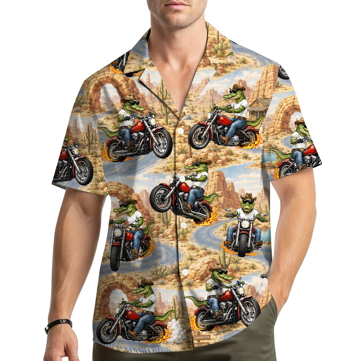 Lifestyle view of a person wearing the desert motorcycle crocodile hawaiian shirt outdoors