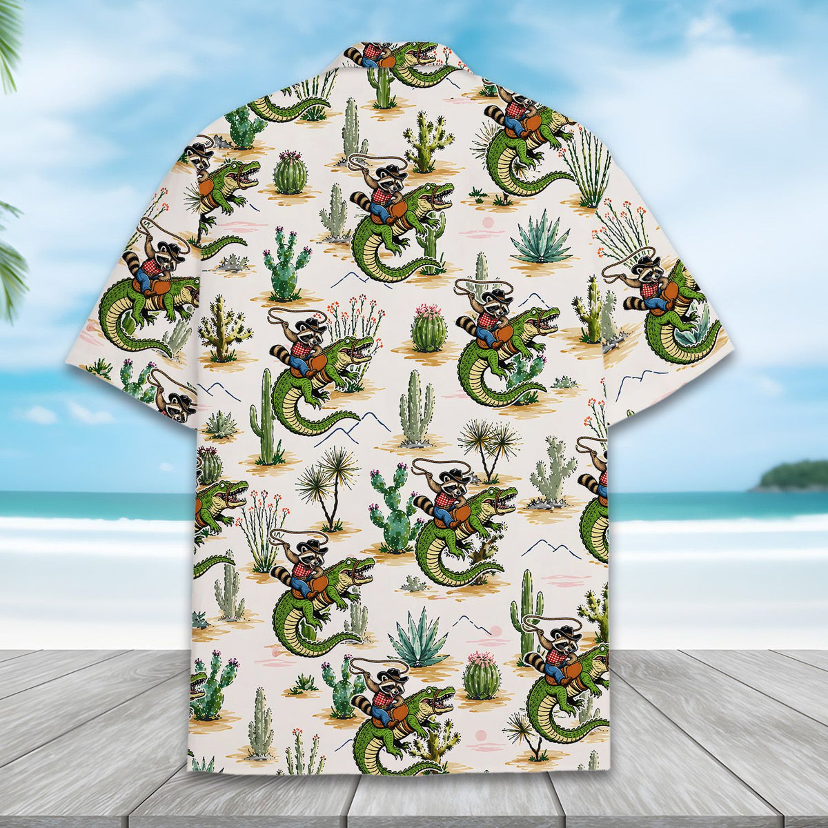 Desert raccoon rider hawaiian shirt on hanger, back view