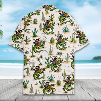 Desert raccoon rider hawaiian shirt on hanger, back view
