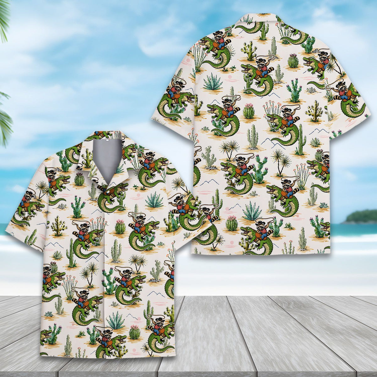 Close up of the desert raccoon rider hawaiian shirt pattern, front view