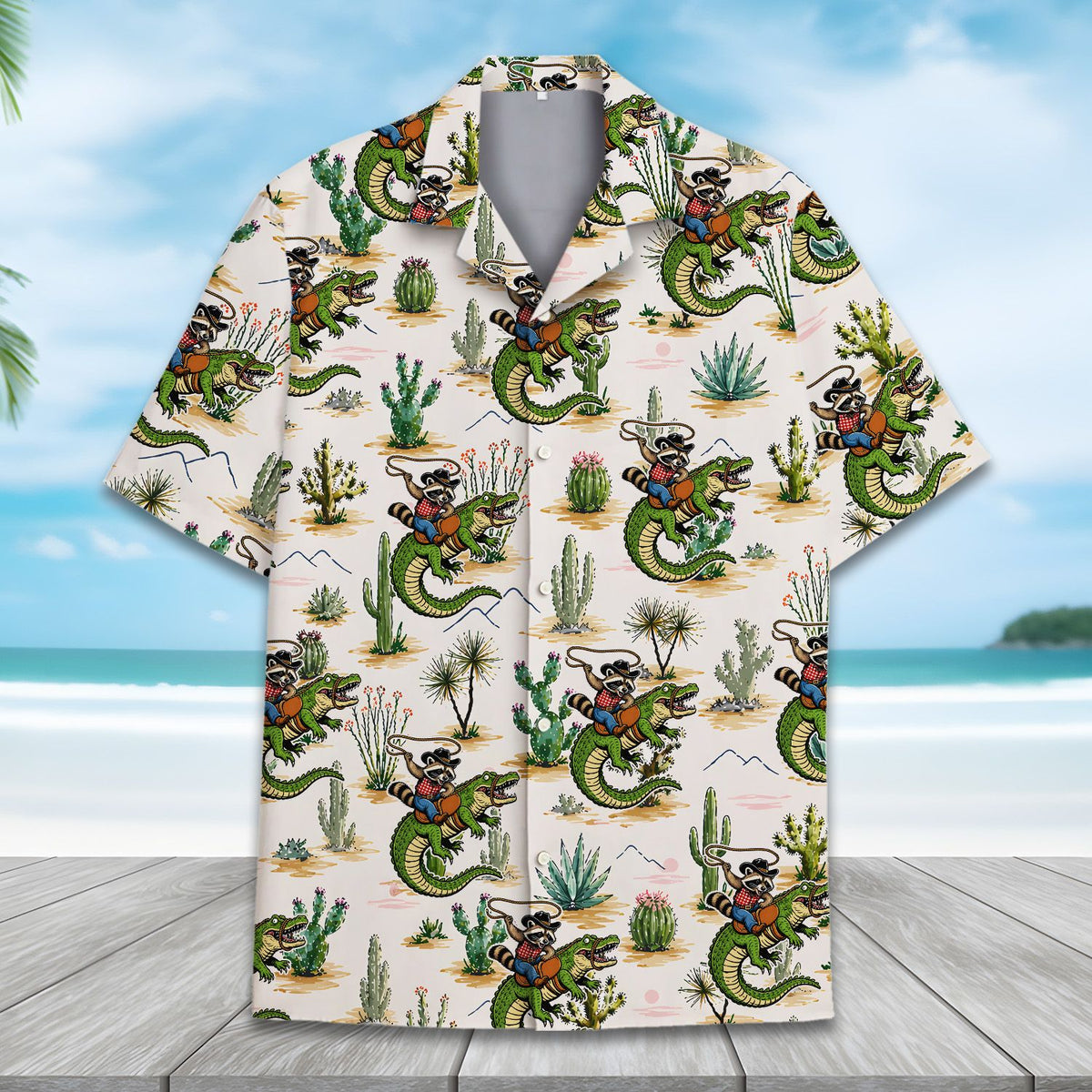Detailed view of the desert raccoon rider hawaiian shirt collar and buttons
