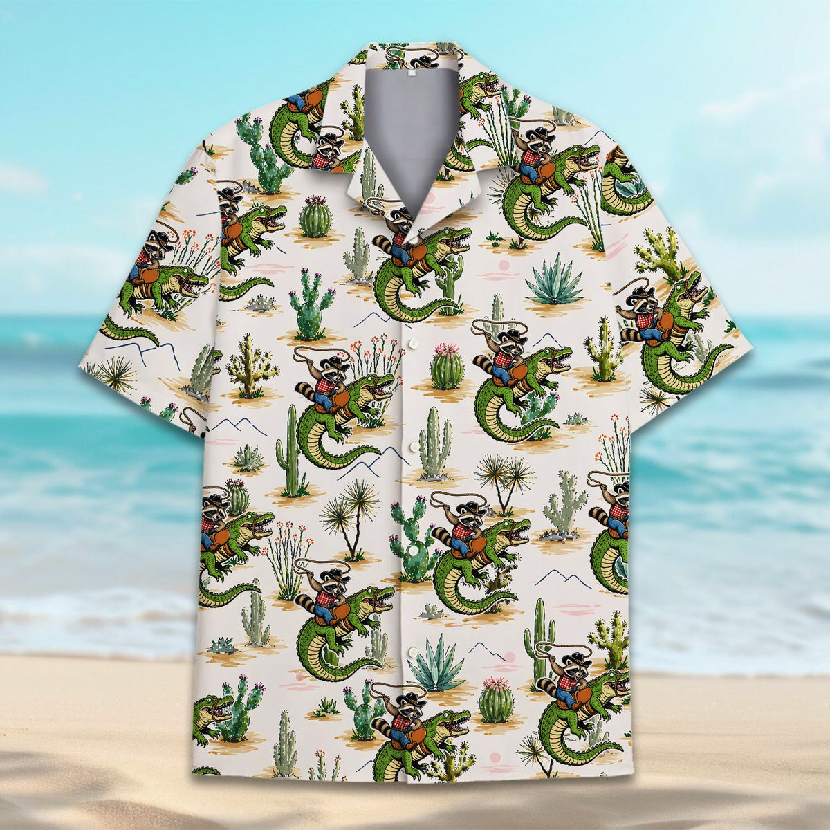Desert raccoon rider hawaiian shirt flat lay, front view
